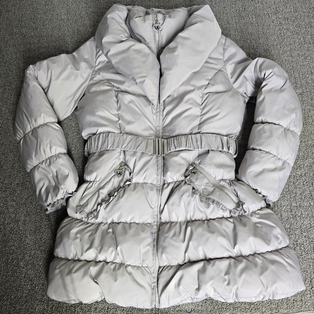 Betsey Johnson Silver Pillow Collar Puffer Coat L Belted Hooded Y2K Glam